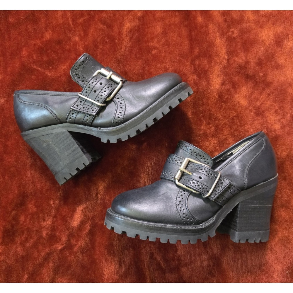 Vintage 90s Steve Madden Heeled Loafers Platform Leather Black Chunky 7 Maple - Picture 2 of 15